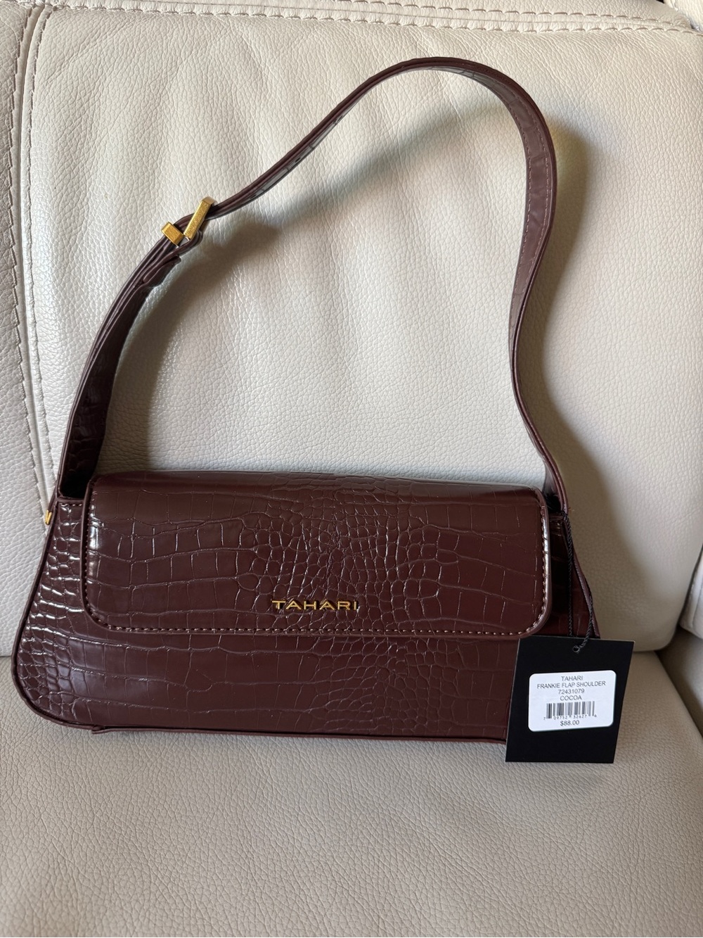 Tahari Chocolate Brown Croc-Embossed Shoulder Bag